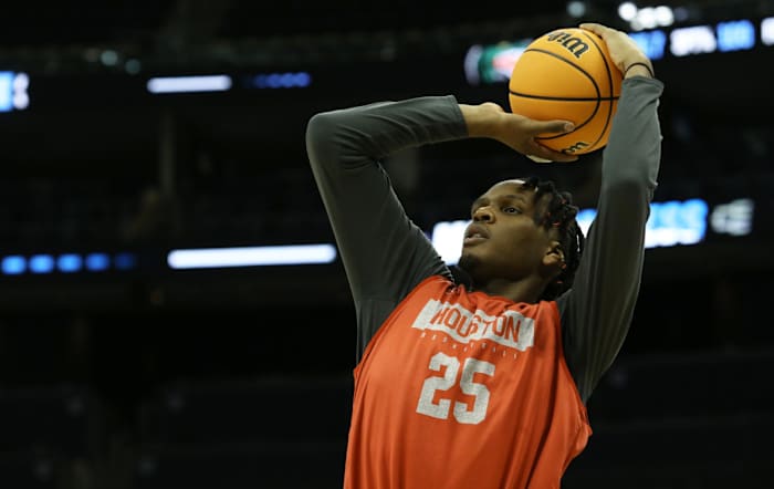 Houston Cougars center Josh Carlton (25) shoots on the court during practice before the first round of the 2022 NCAA Tournament at PPG Paints Arena.